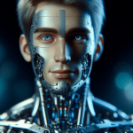 High resolution image of Sam Altman as a dark blue and grey lighted robot