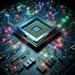 High resolution picture of 3 dimensional CPU on a circuit board with brightly lite circuitry