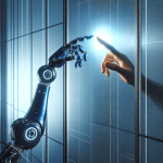 high resolution picture of a Dark blue colored robot arm pointing to bright glass wall with human hand on the other side