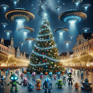 high resolution photograph of christmas tree in the middle of a town square with colorful robots and flying saucers in the air.