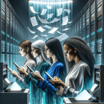 High Resolution image of women with a smart phone with paper spewing from the phone and going into a printer. Smoked glass wall in the background with computer racks behind it with lots of blue and green blinking lights.