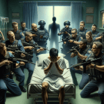 High resolution image of police with guns drawn converging on a hospital room. Patient is in bed coverinig their face. Faint image of a hacker is in the far background.