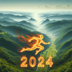 High resolution photo of green valley landscape with the words "ai in 2024" in caps on fire in the foreground