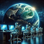 High resolution photo of robts sitting at computers typing furiosly. Large image of the planet Earth in the background.