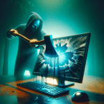 High resolution image of a computer monitor being struck with an axe by a masked person , blue liquid is oozing from the monitor with a soft, glowing green background
