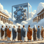 image of inquisitive, ancient greek philophers staring at a thinking machne hovering in the clouds above them