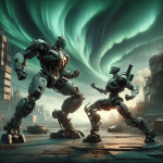 Two robots fighting in an urban wasteland with a swirling green auro behind them. One robot is armored and somewhat larger than the second which is more athletic and streamlined.