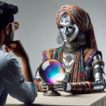 image of a robot in gypsy clothing with crystal ball in front of it predicting the future for a human client