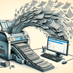 Image of a document scanner with documents feeding into it and flying out of it on the left side of the image. A computer monitor is on the right side of the image. The monitor has a SharePoint website displaying on the screen with the documents from the scanner flowing into the screen.