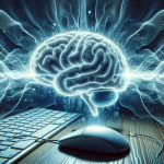 Photograph of a floating brain with waves coming out of it towards a computer keybaord and mouse. The mouse is moving seemingly by itself.