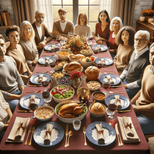 High Resolution life like photograph of 10 family members of different generations around a large table with lots of thankgiving day foods on the table. Table has a burgundy table cloth with beige napkins in rings. Blue willow china on gold chargers. Wine goblets at the adults seating. A carafe of red wine is on the table also.