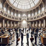 Image of the inside fo the US Capital rotunda with people in suits interacting with humanoid robots. They are passing papers and accordian files between them and talking and shaking hands